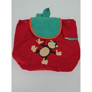 Kids Monkey Quilted Backpack Red Green Canvas School Bag Or Overnight NWOT